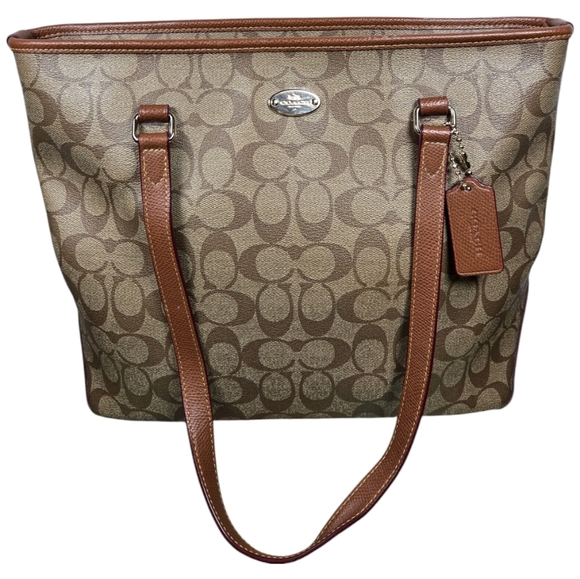 Coach Beige/Brown Signature Coated Canvas and Leather Tote Bag. - Picture 1 of 9